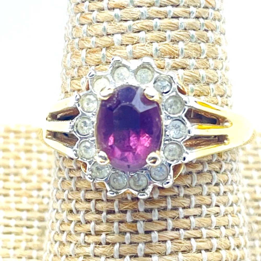 Vintage Purple Glass Halo Ring Clear Glass Gold Tone Oval Cocktail Statement
